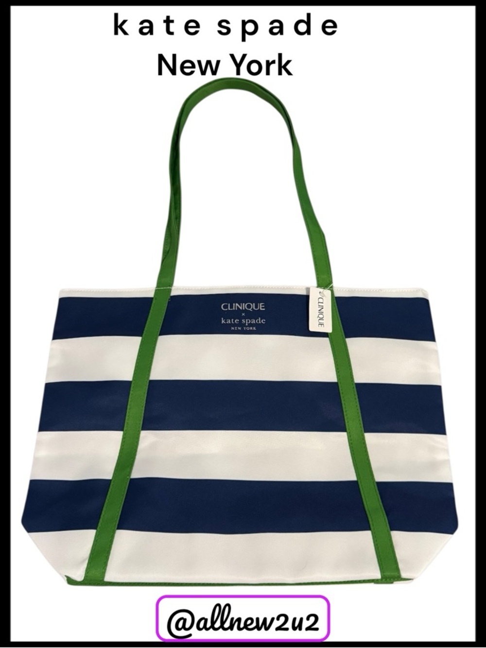 kate spade Clinique Navy Polka Dot Tote with White Dots and Green Handles